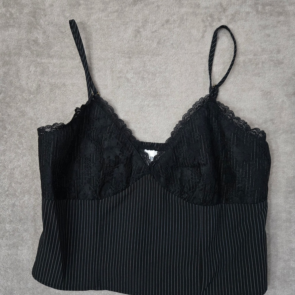 Y2K Black‎ Pinstripe Lace Trim Cami Top Womens Large Goth Dark Academia smocked